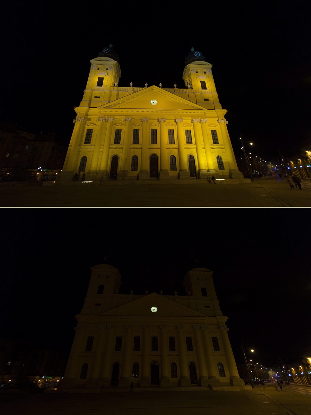 A debreceni református nagytemplom a Föld órája nevû akció elõtt, kivilágítva (felül), és az akció idején, kivilágítatlanul 2015. március 28-án este / Fotó: MTI