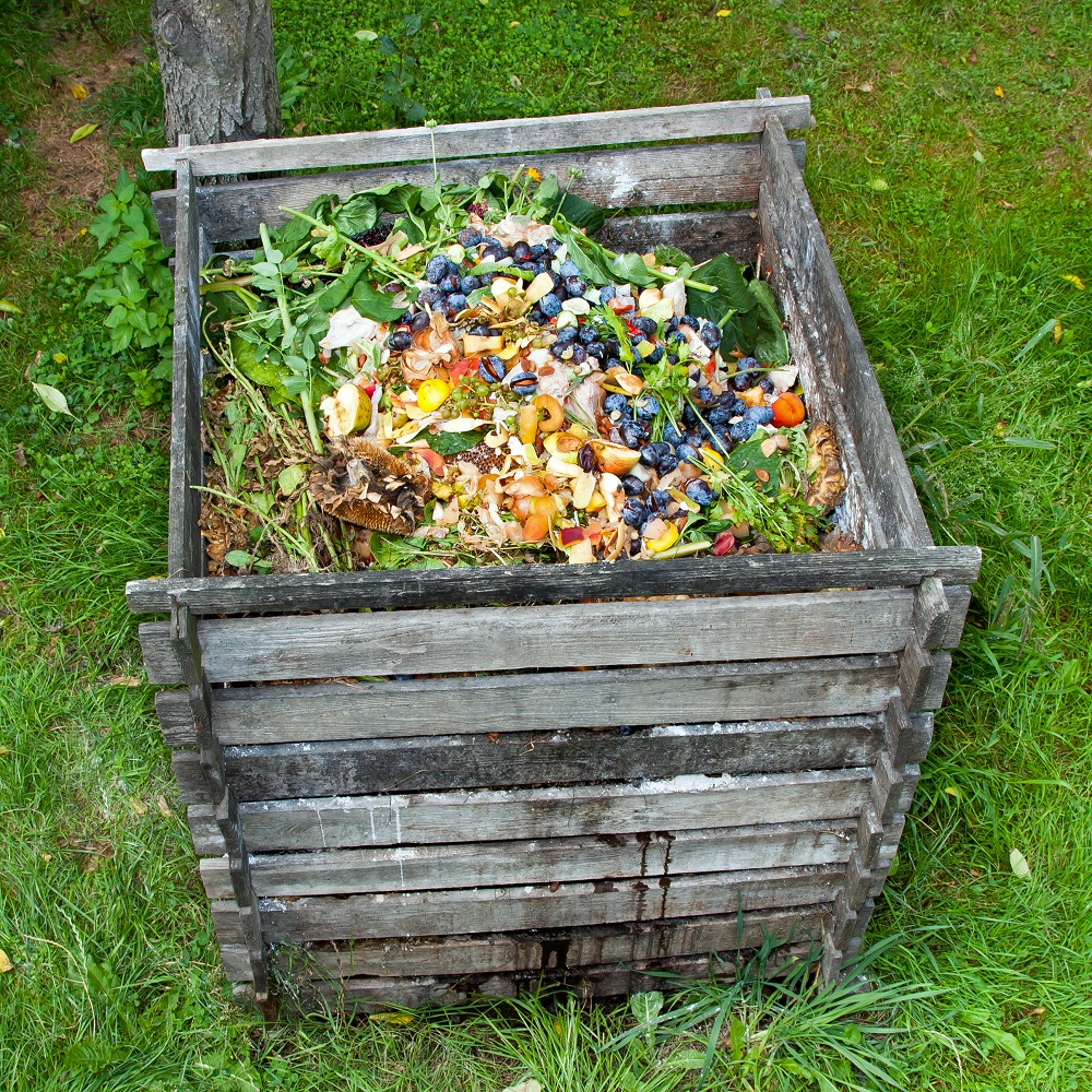 Compost bin in the garden. Composting pile of rotting kitchen fruits and vegetable scraps